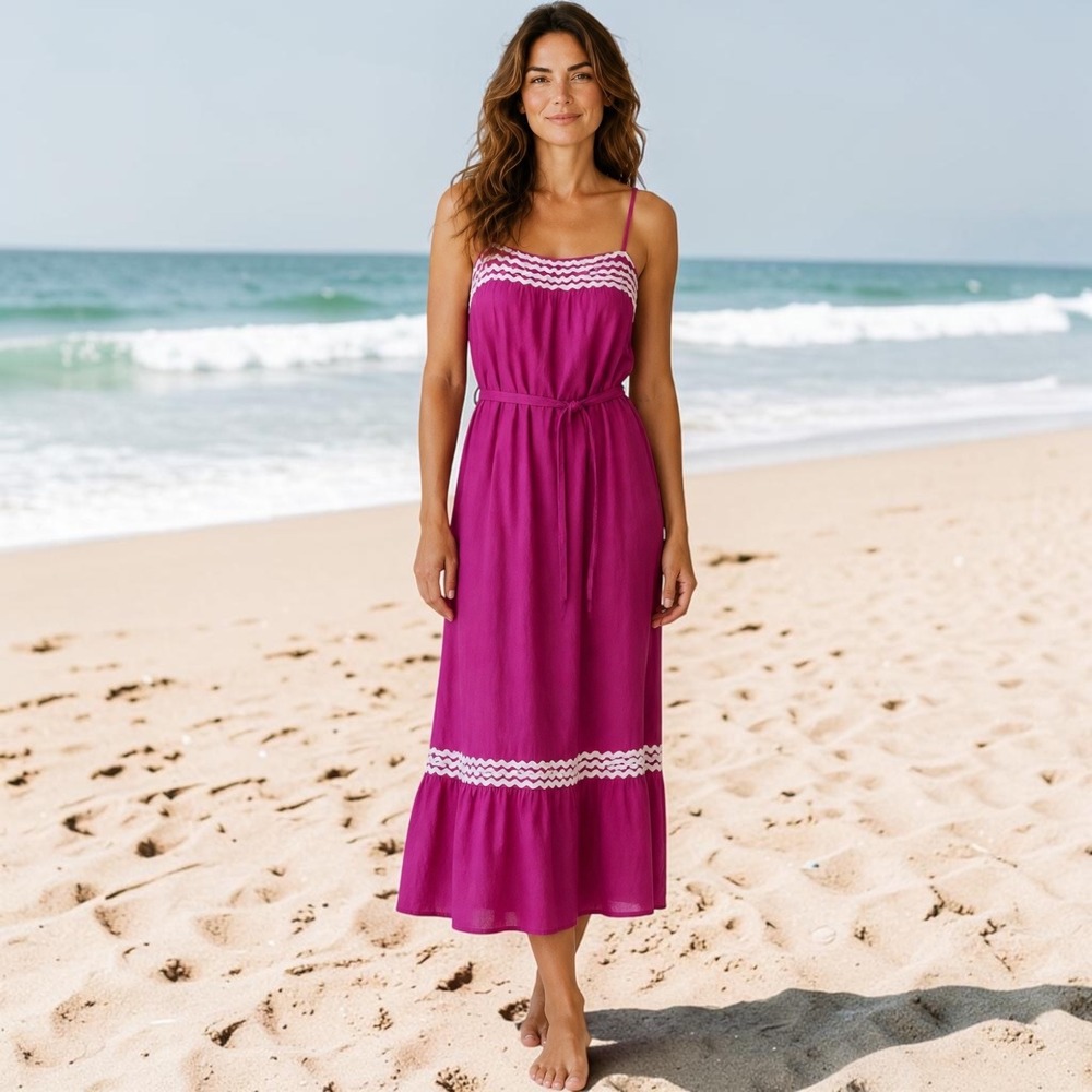 Entro Womens Hot Pink Rickrack Trim Maxi Dress Pockets Fuchsia M NEW
